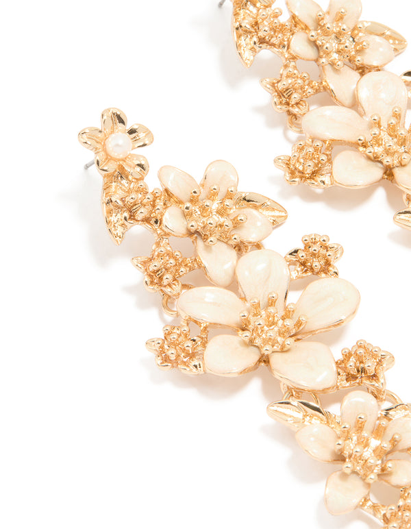 Gold Enamel Flower Drop Earrings