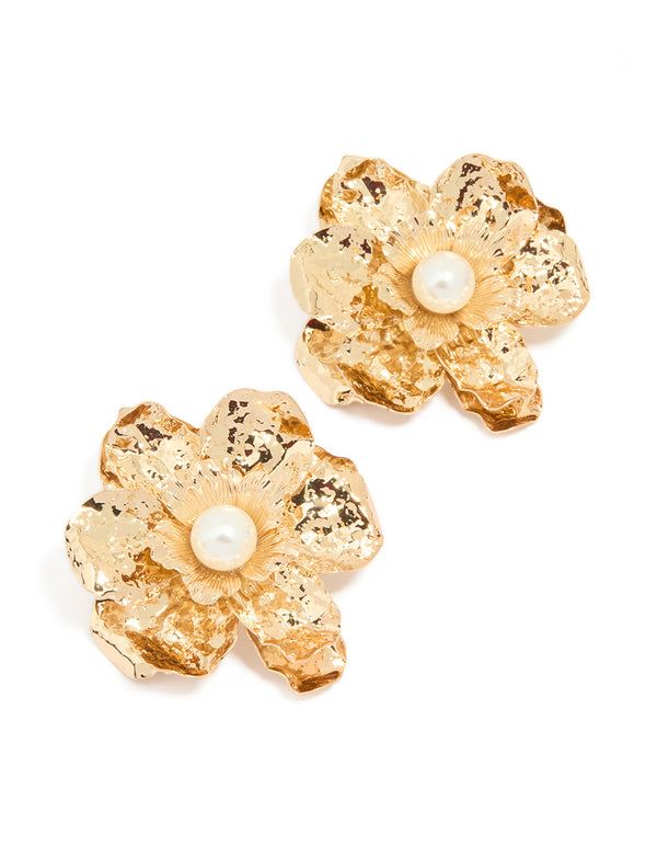 Gold Pearl Center Organic Flower Earrings