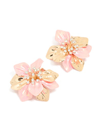 Gold Pink Coated Metal Diamante Flower Earrings - link has visual effect only