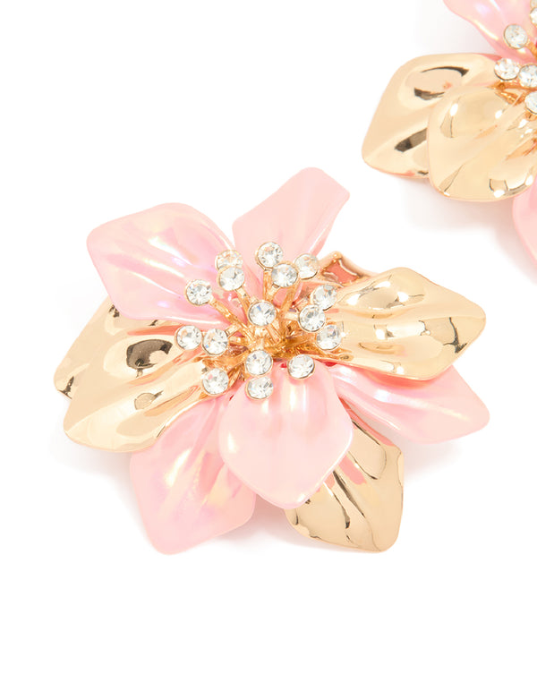 Gold Pink Coated Metal Diamante Flower Earrings