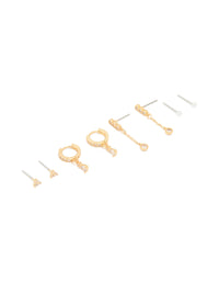 Gold Plated Cubic Zirconia & Dainty Pearl Earrings 4-Pack - link has visual effect only