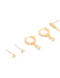 Gold Plated Cubic Zirconia & Dainty Pearl Earrings 4-Pack - link has visual effect only