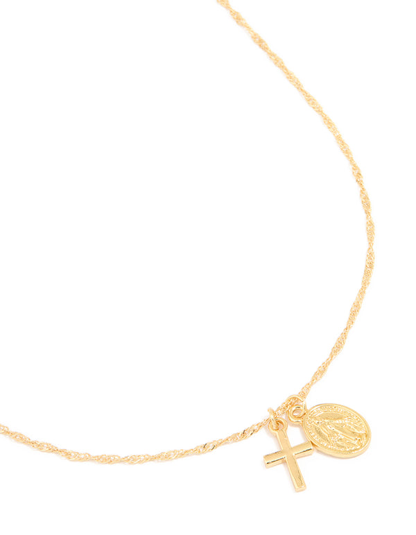Gold Plated Cross & Coin Necklace