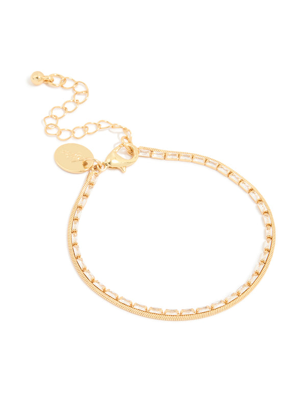 Gold Plated Cubic Zirconia Baguette & Chain Layered Bracelet