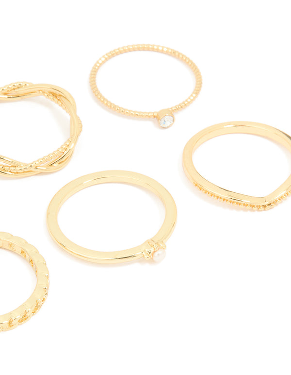 Gold Plated Diamante Twisted V Rings 6-Pack