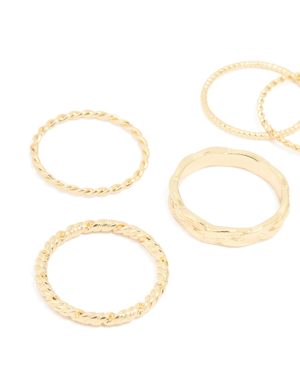 Gold Plated Twisted Mixed Band Rings 7-Pack