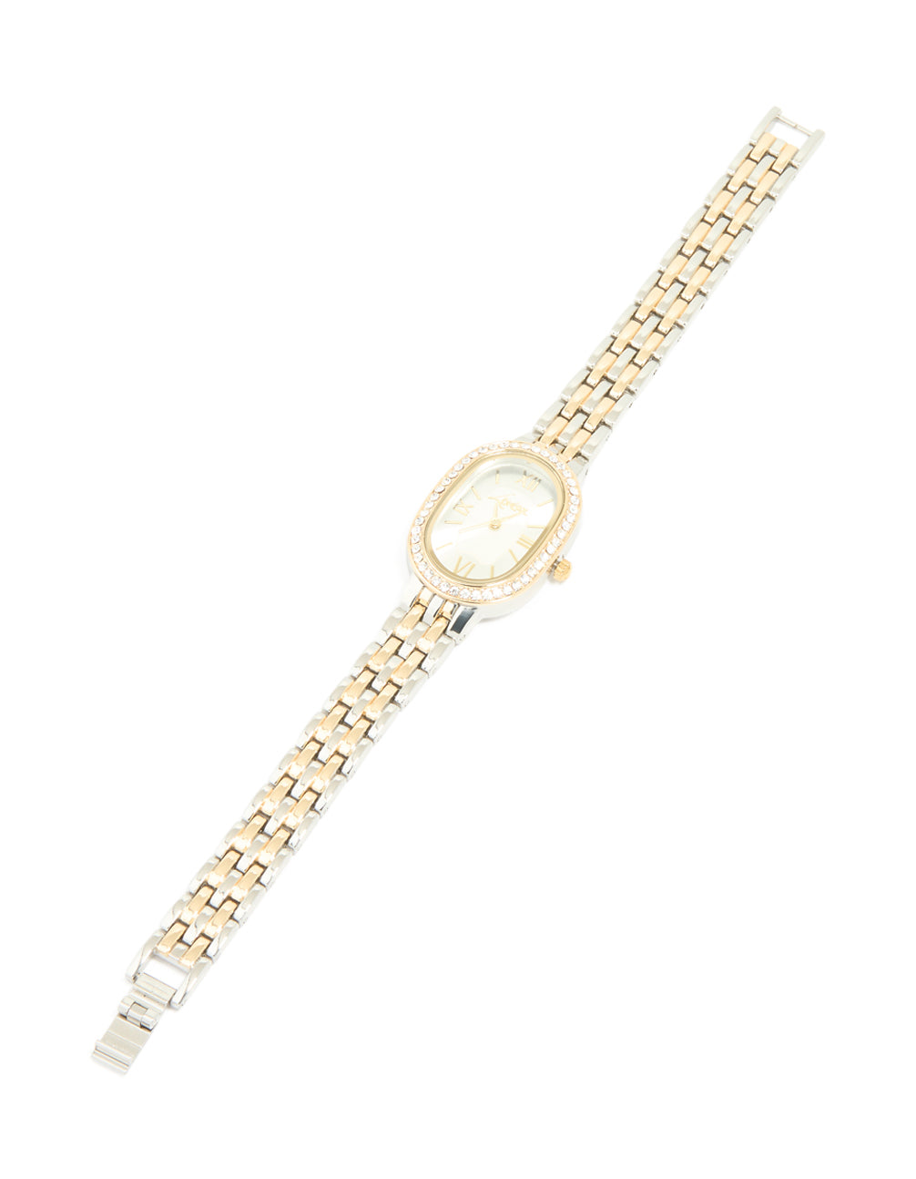 Discover this mixed metals diamante medium oval watch with white dial featuring roman look, multi-color link band strap, formal occasion design crafted from gold and silver for women in analog type front view
