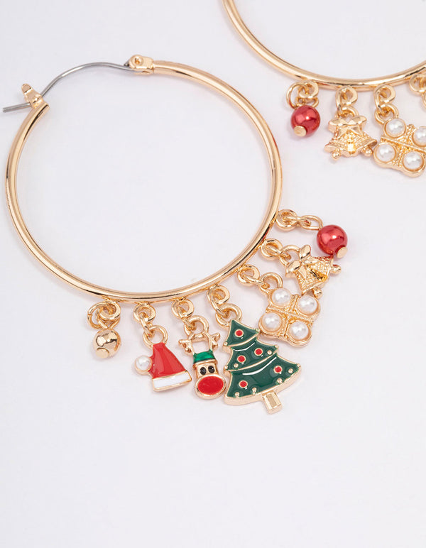 Gold Bell & Santa Hat Charm Hoop Earrings