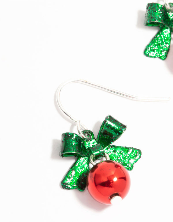 Silver Green Bow & Red Bell Drop Earrings
