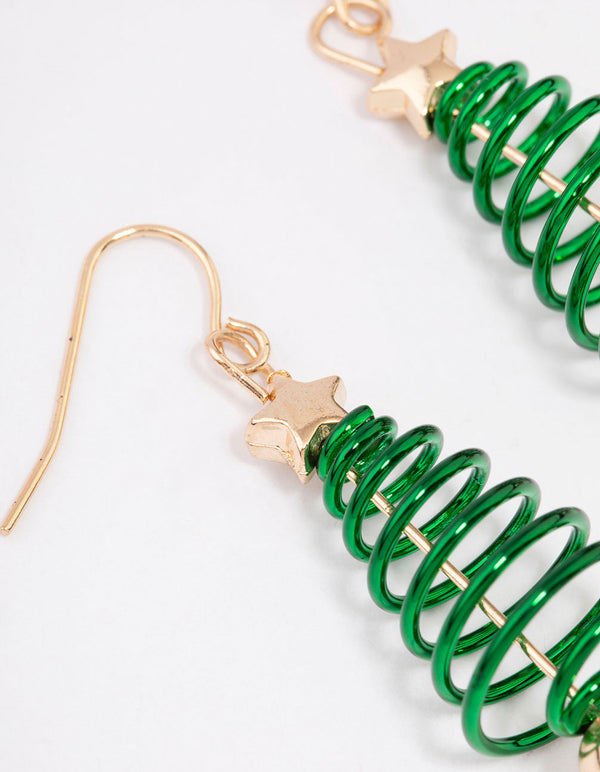 Gold Green Spiral Festive Tree Drop Earrings