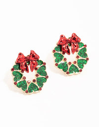 Gold Green Wreath With Red Bow Stud Earrings - link has visual effect only