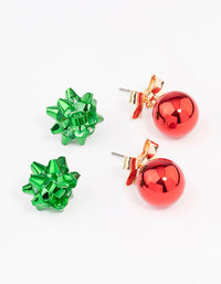 Green Present Bow & Red Bauble Earrings 2 Pack - link has visual effect only