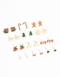 Gold Holly & Candy Cane Stud Earrings 12-Pack - link has visual effect only