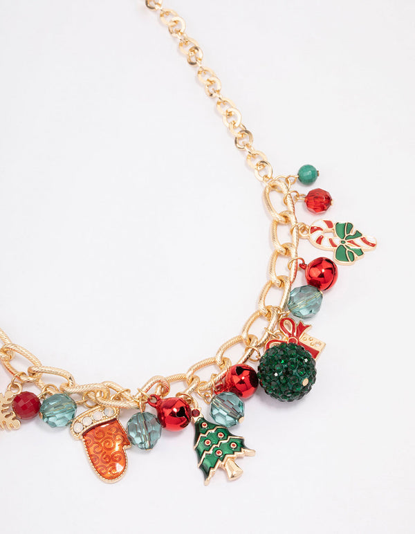 Gold Red Bell & Candy Cane Charm Chain Necklace