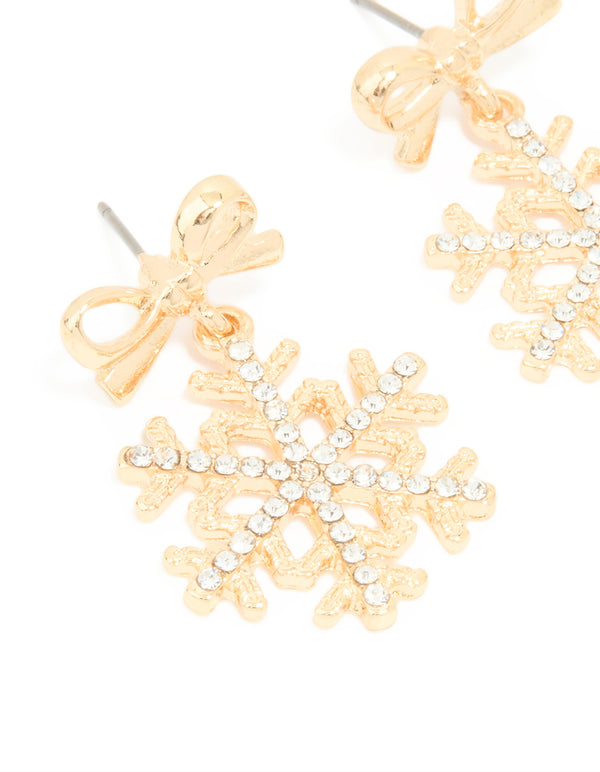 Gold Diamante Bow Snowflake Earrings