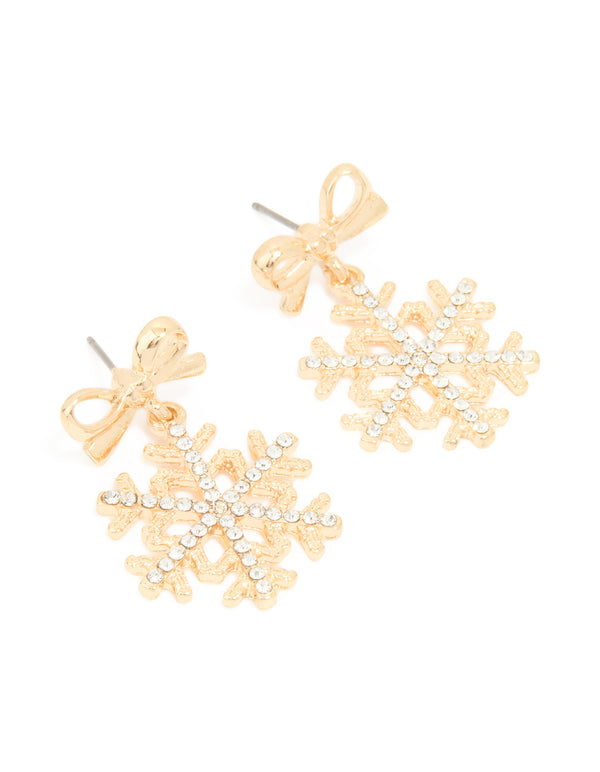 Gold Diamante Bow Snowflake Earrings