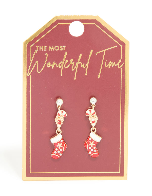 Gold Diamante Stocking & Candy Cane Drop Earrings