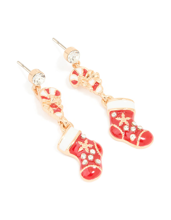 Gold Diamante Stocking & Candy Cane Drop Earrings