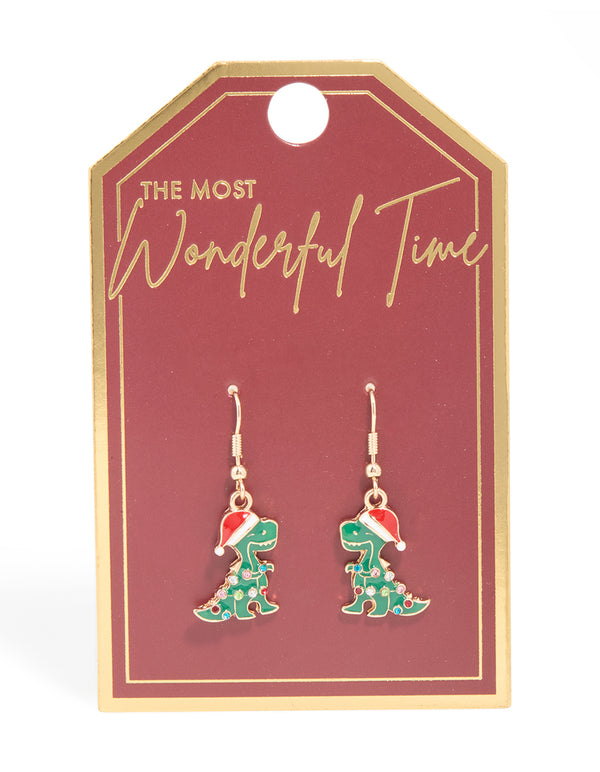 Gold Santa Hat Dinosaur With Diamante Lights Drop Earrings