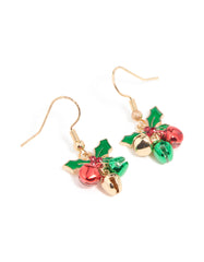 Gold Holly Plant & Red Bell Drop Earrings