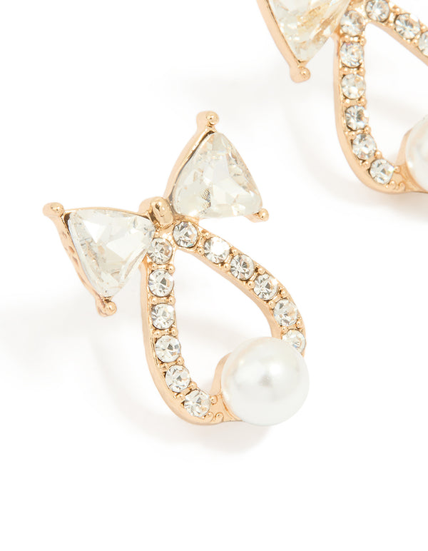 Gold Diamante Bow & Bell Stud Earrings