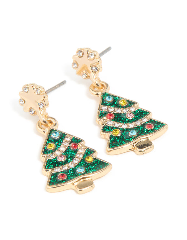 Gold Green Acrylic Festive Tree Studs