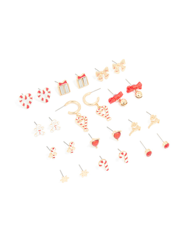 Gold Candy Cane Heart & Present Earrings 12-Pack