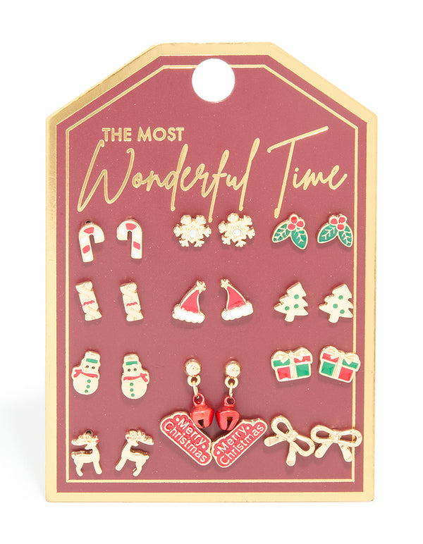 Gold Stamped Bow & Reindeer Earrings 12-Pack