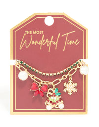 Gold Green Diamante Cup Chain & Festive Charm Layered Bracelet - link has visual effect only