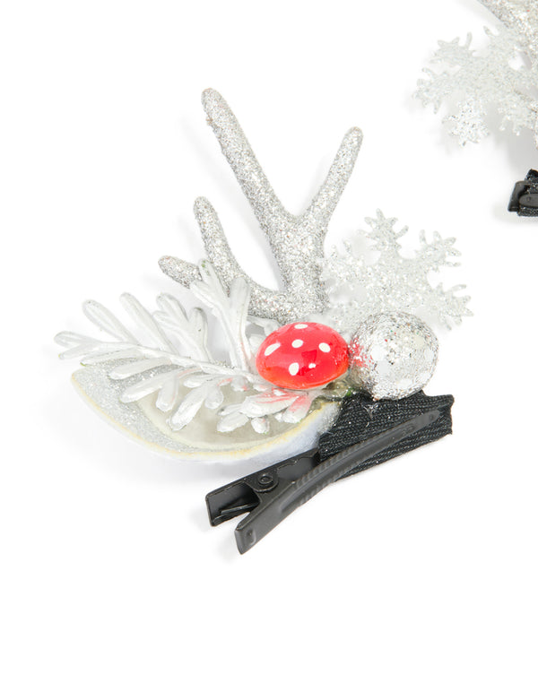 Silver Mushroom & Reindeer Hair Clips 2-Pack