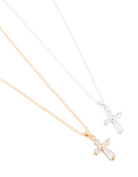 Mixed Metals Diamante Cross Necklaces 2-Pack - link has visual effect only