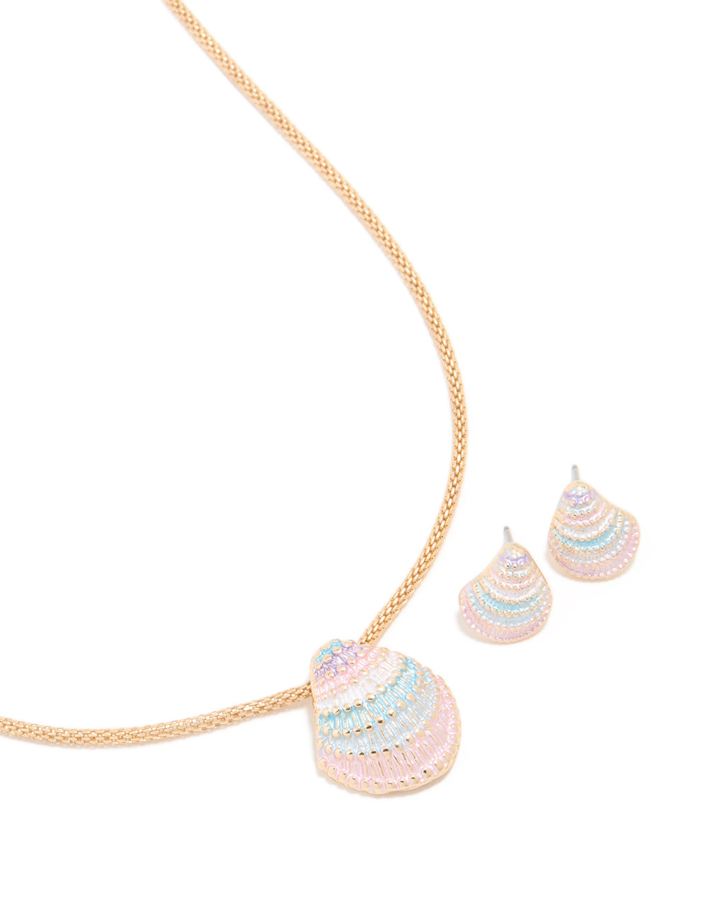 Gold Pink Blue Cream 3D Shell Earrings & Necklace Set