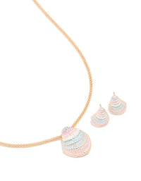 Gold Pink Blue Cream 3D Shell Earrings & Necklace Set - link has visual effect only