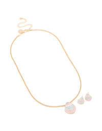 Gold Pink Blue Cream 3D Shell Earrings & Necklace Set - link has visual effect only