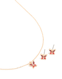 Gold Red Diamante Butterfly Stud Earrings & Necklace Set - link has visual effect only