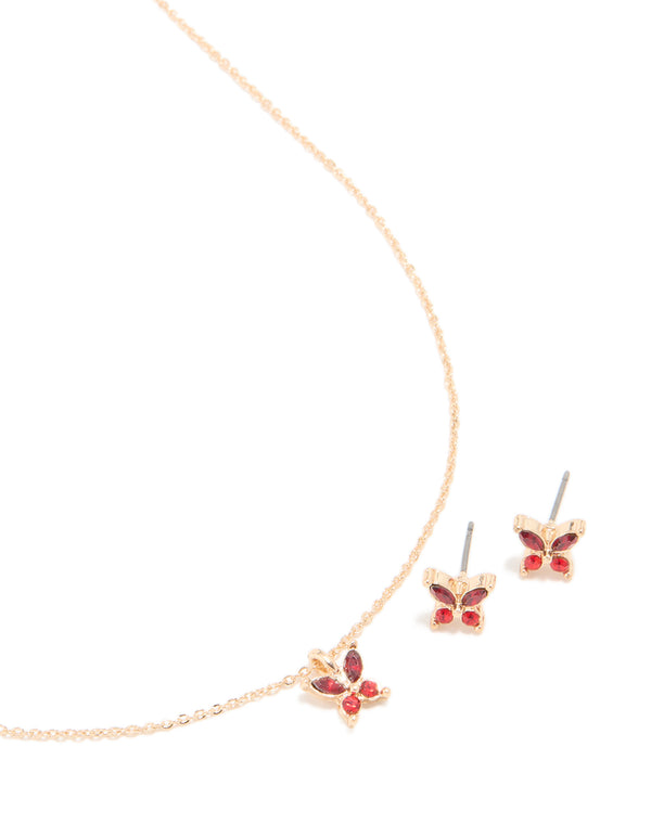 Gold Red Diamante Butterfly Stud Earrings & Necklace Set