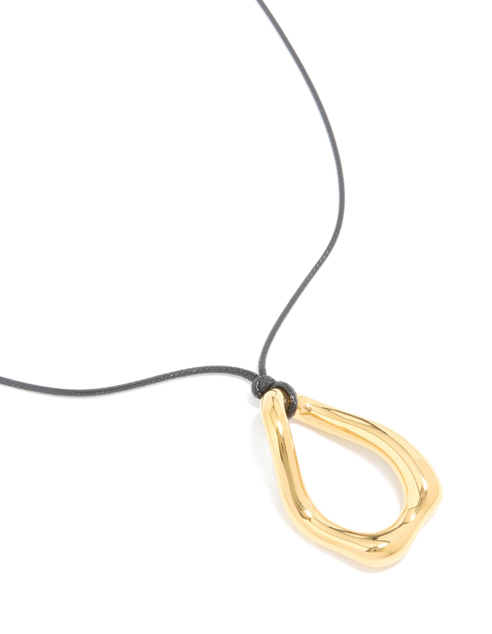 Showcasing a waterproof gold plated stainless steel large open pendant cord necklace close up view