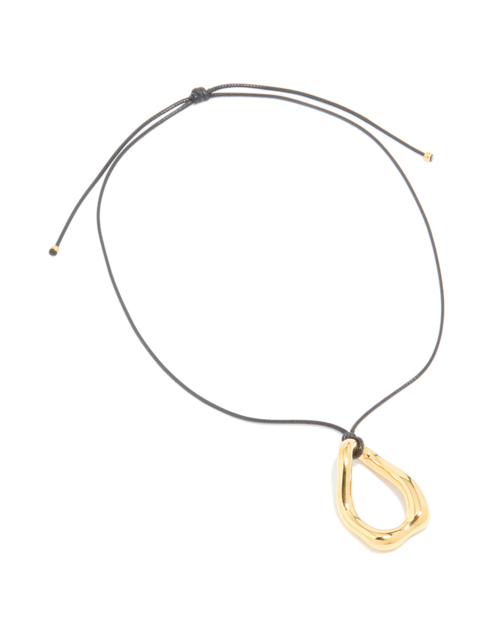 Presented is a waterproof gold plated stainless steel large open pendant cord necklace front view