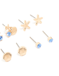 Kids Gold Blue Diamante Turtle & Starfish Stud Earrings 6-Pack - link has visual effect only