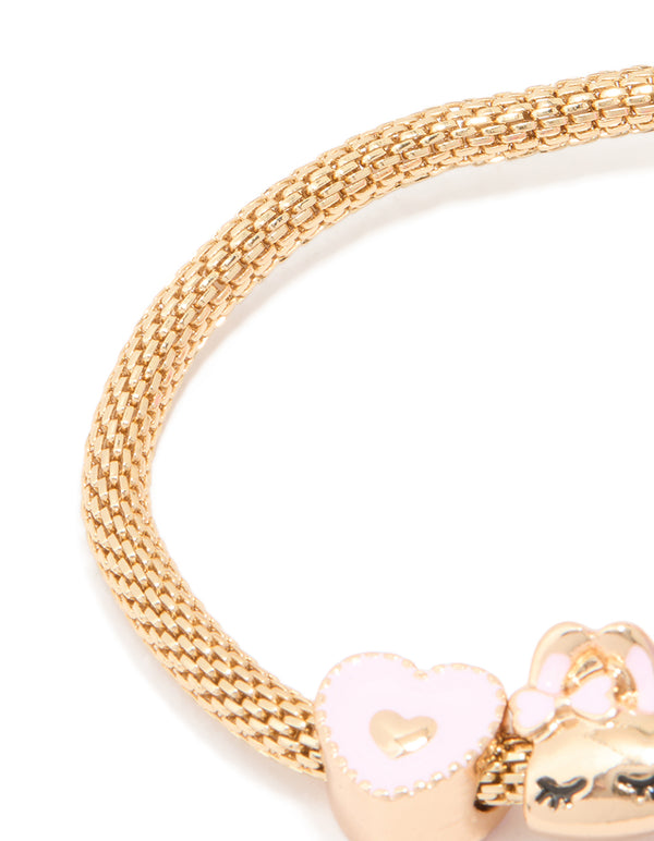 Kids Gold Pink & White Cat Flower Stretch Bracelet & Ring Set
