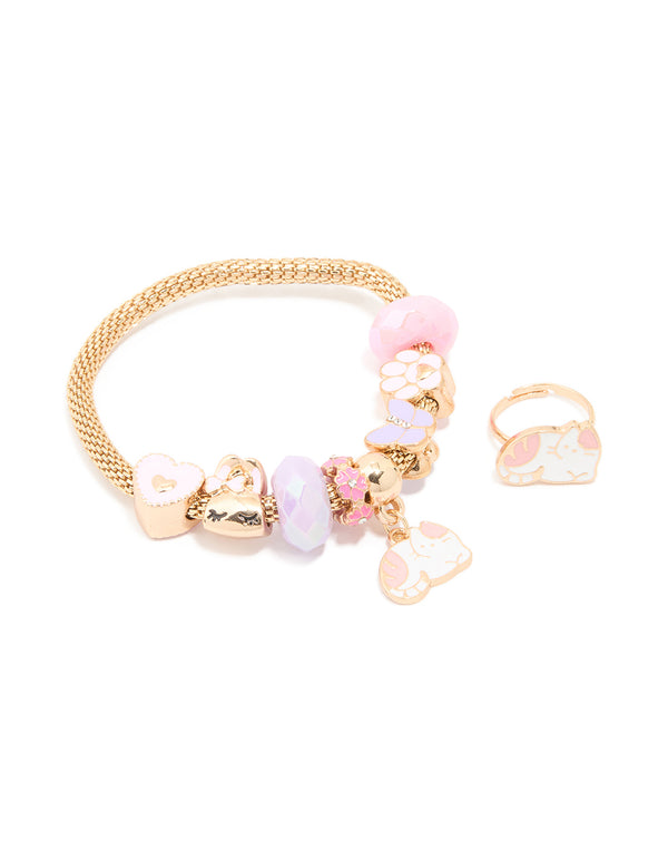Kids Gold Pink & White Cat Flower Stretch Bracelet & Ring Set