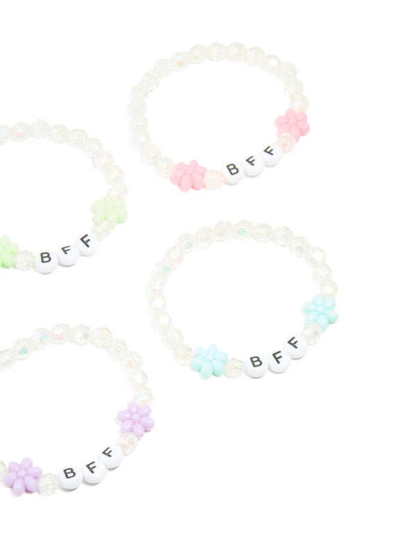 Kids White Beaded & Pastel Flower Best Friends Stretch Bracelets 5-Pack