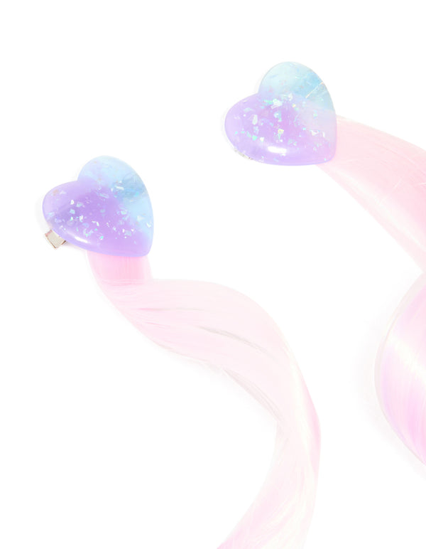 Kids Pink & Purple Faux Hair Heart Clips Pack