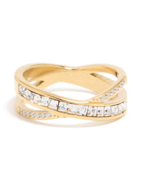 Elegant waterproof gold plated stainless steel diamante cross over ring with clear gemstone accents close up view - link has visual effect only