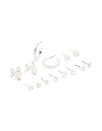 Silver Diamante & Bow Heart Earrings 7-Pack - link has visual effect only