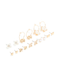 Gold White Pearlised Flower & Bee Earrings 8-Pack - link has visual effect only