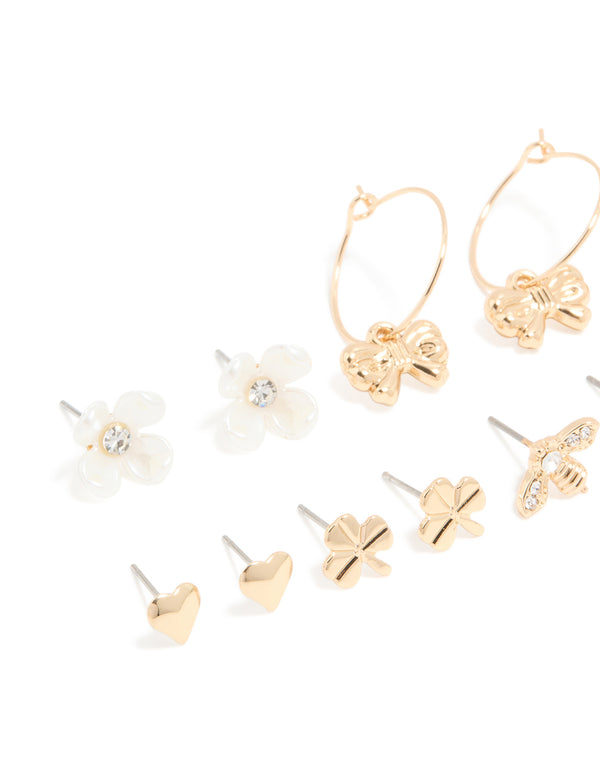 Gold White Pearlised Flower & Bee Earrings 8-Pack