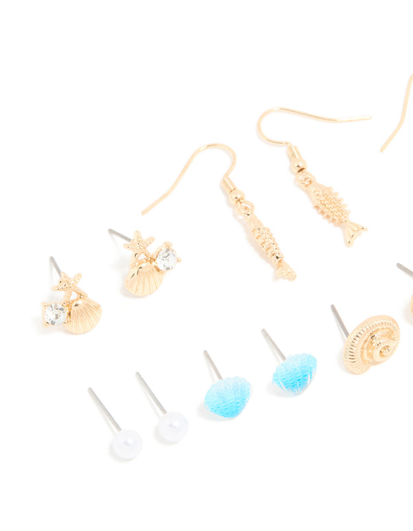 Gold Evil Eye & Sea Themed Earrings 8-Pack