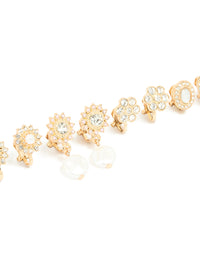 Gold Diamante Pearl Floral Clip On Earrings 4-Pack - link has visual effect only