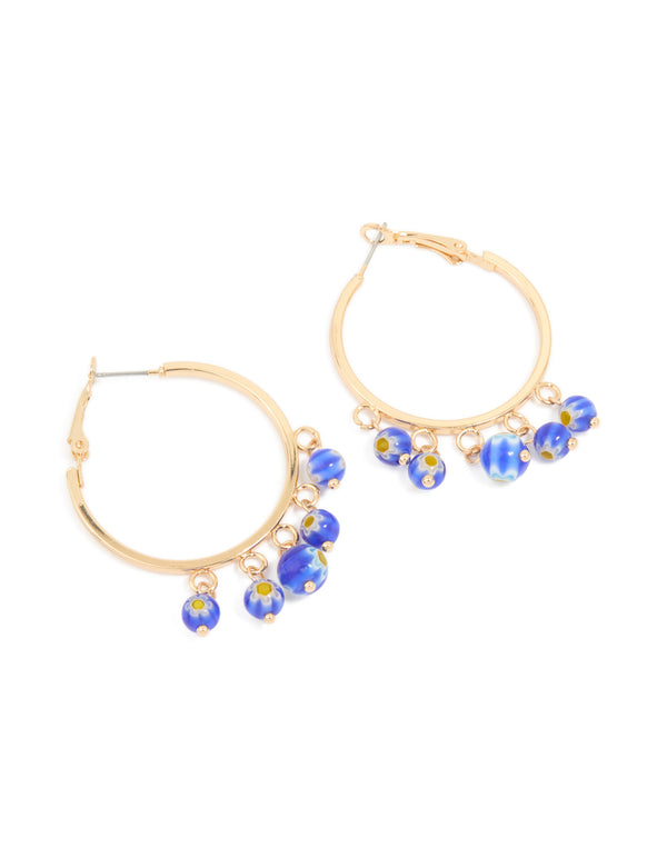 Gold Blue Beaded Ball Hoop Earrings